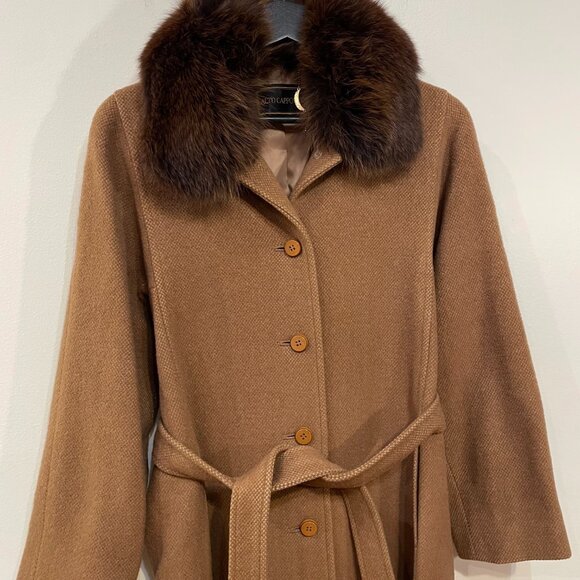 EUC Vintage 100% Wool Genuine Fur Collar Belted Coat Brown XS-S fit - Picture 3 of 6